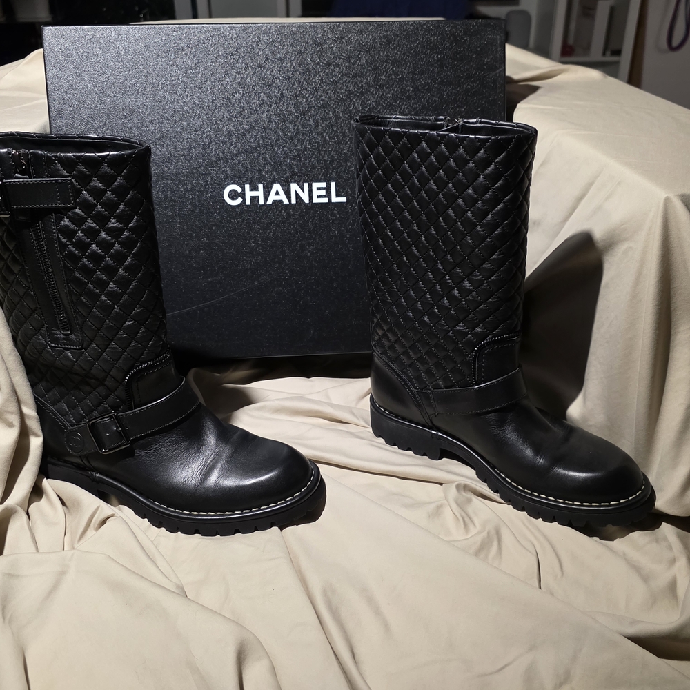 CHANEL Black Quilted Leather Mid-Calf Buckle Boots